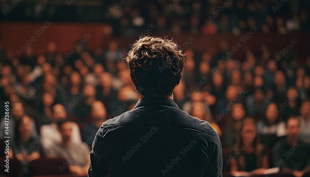 A man stands in front of a crowd of people, looking out at them A man stands in front of a crowd of people, looking out at them
