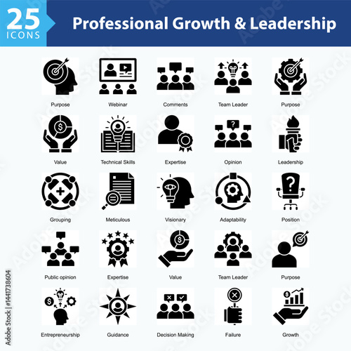 Professional Growth & Leaders is a collection of icons in sheet format showcasing professional development, leadership skills, technical expertise, and visionary direction in modern work environments.