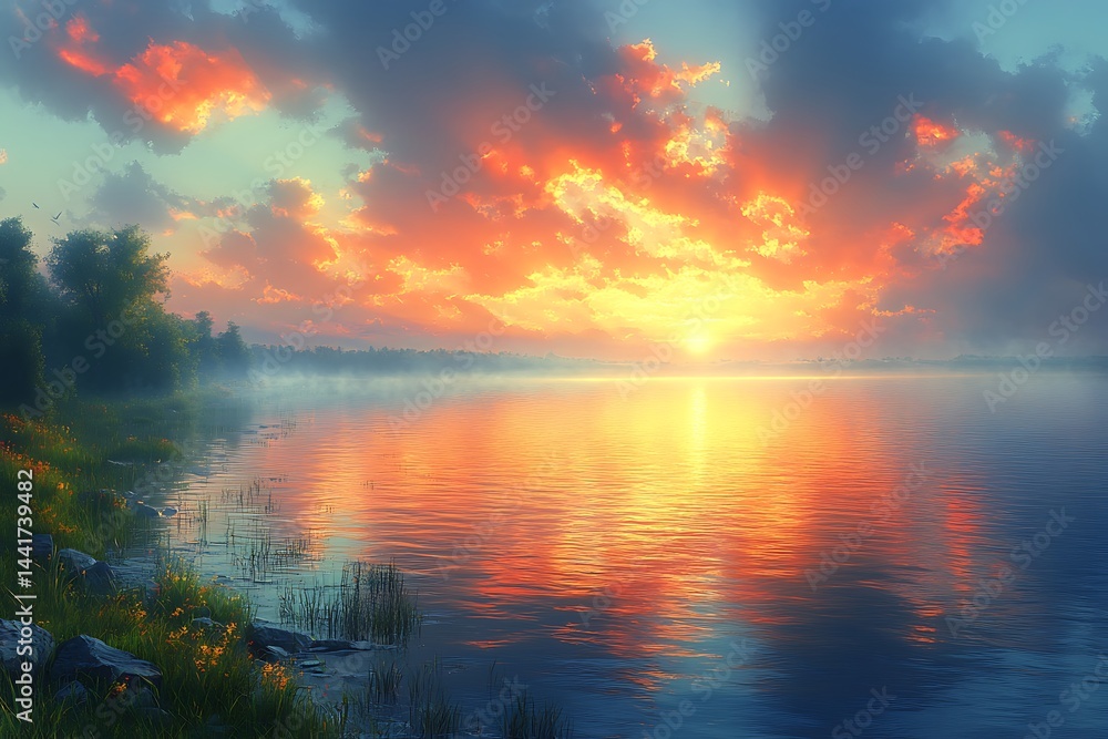 A vibrant sunset over a tranquil lake scene. A vibrant sunset over a tranquil lake scene.