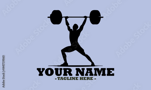 A weight lifting muscle man or bodybuilder weightlifting weights, vector illustrator and one weightlifter lifting a barbell isolated on logo background
