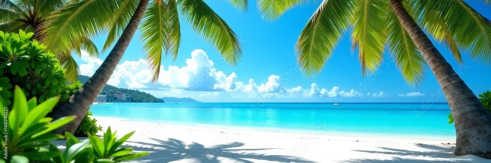 Fototapeta premium Idyllic beachfront view of crystal clear ocean and palm trees, white sand, ocean view, landscape