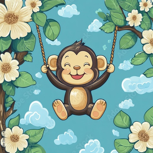 Joyful Monkey Swinging on a Vine in a Sunny Day
