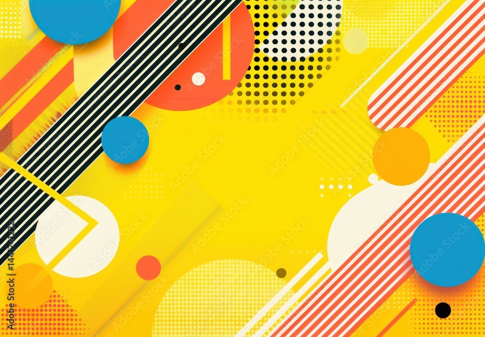 Obraz premium Bright yellow background with overlapping geometric shapes including circles, diagonal stripes, dotted patterns, and contrasting colors creating a lively and dynamic abstract composition
