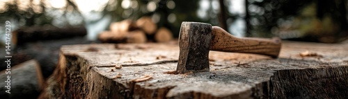 Wallpaper Mural Tree stump showing impact of climate change and deforestation concept. A close-up of an axe resting on a wooden stump in nature. Torontodigital.ca
