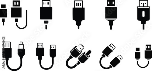 USB Cable and Connector Icon Set. Vector and outline.