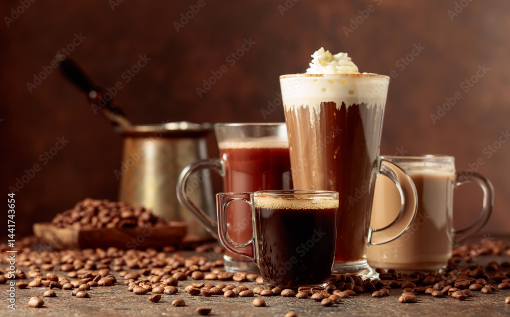 Various coffee and chocolate drinks on a brown background. Various coffee and chocolate drinks on a brown background.