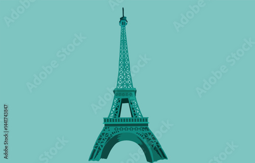 Flat design illustration of the Eiffel Tower, isolated on a clean background, showcasing its iconic structure and representing Parisian culture, travel, and architectural elegance in a minimal style.