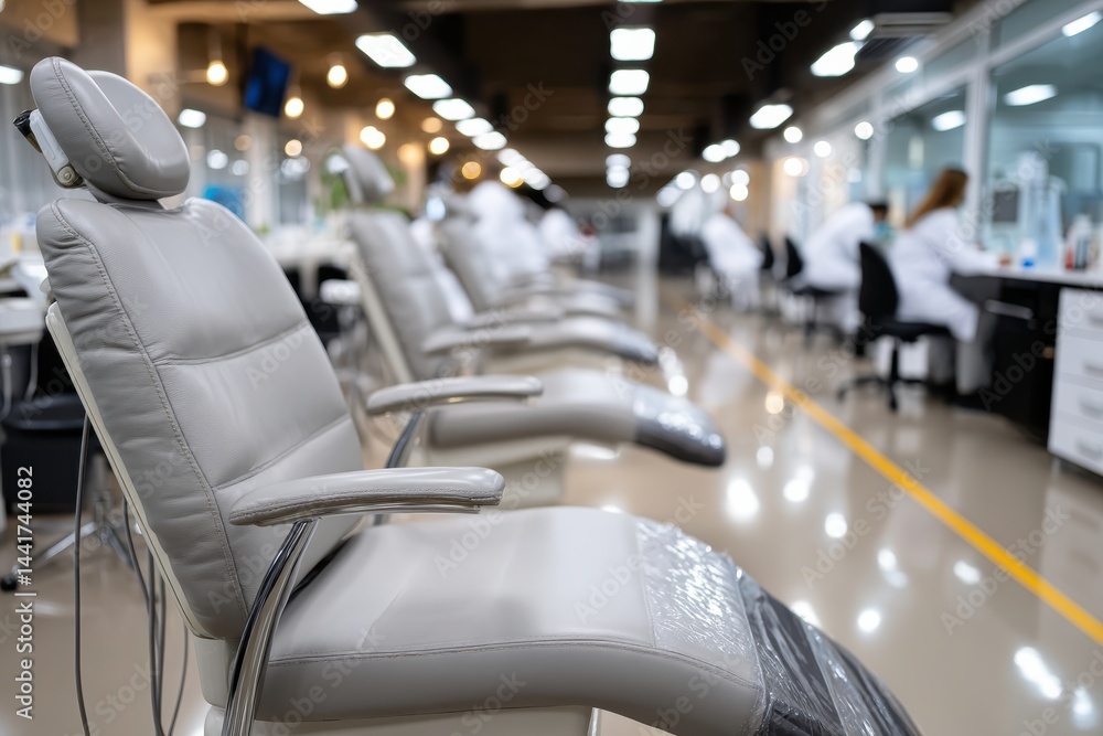 Fototapeta premium This image showcases a modern dental office featuring multiple comfortable treatment chairs, designed to provide a welcoming atmosphere for patients seeking dental care.