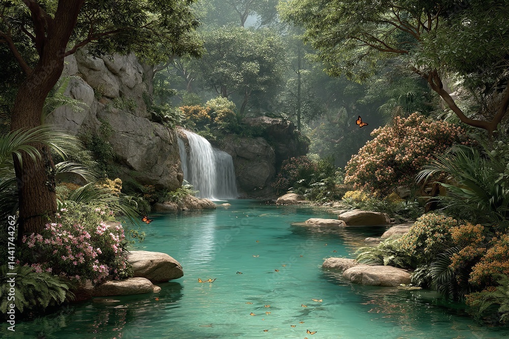 Naklejka premium A tropical setting with a cascading waterfall encircled by lush vegetation, trees, and flowers A sight of exotic nature. Generative Ai
