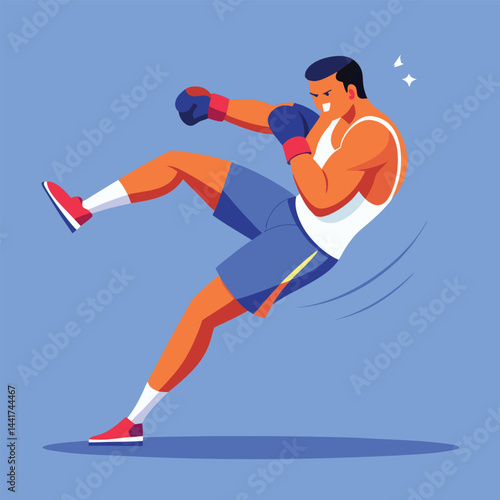 man boxing. male fighter in boxing gloves practices kick, punching and hitting. Strong  athlete at sports training or workout. Flat vector illustration isolated on background