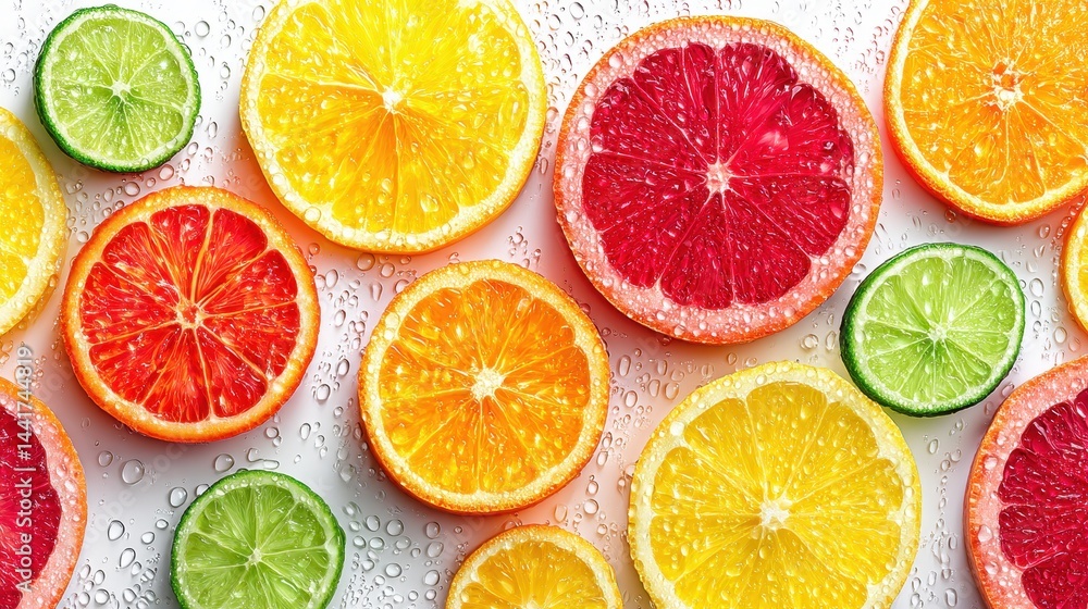Lemon, lime, orange, and grapefruit slices with glossy juice and water beads, white backdrop, vibrant layout Lemon, lime, orange, and grapefruit slices with glossy juice and water beads, white backdrop, vibrant layout