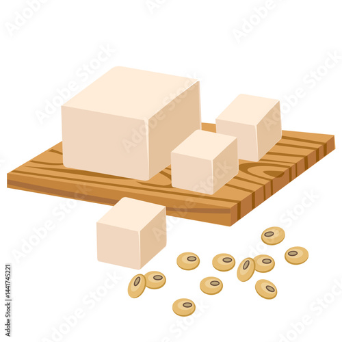 Fresh Tofu Cubes on Wooden Board with Soybeans – Healthy Vegan Food Illustration
