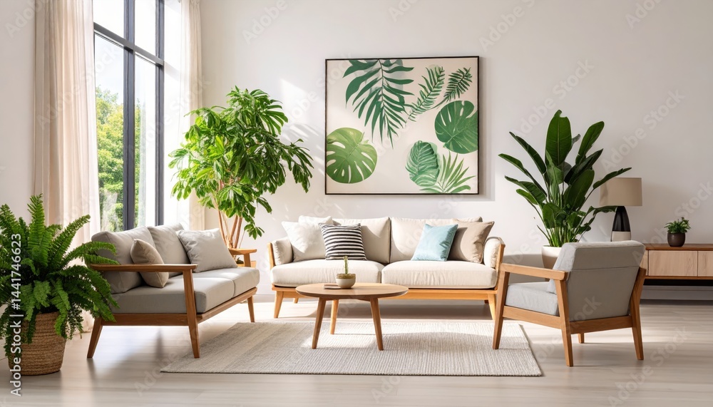 Fototapeta premium Modern Living Room Interior Design with Wooden Furniture and Tropical Plants