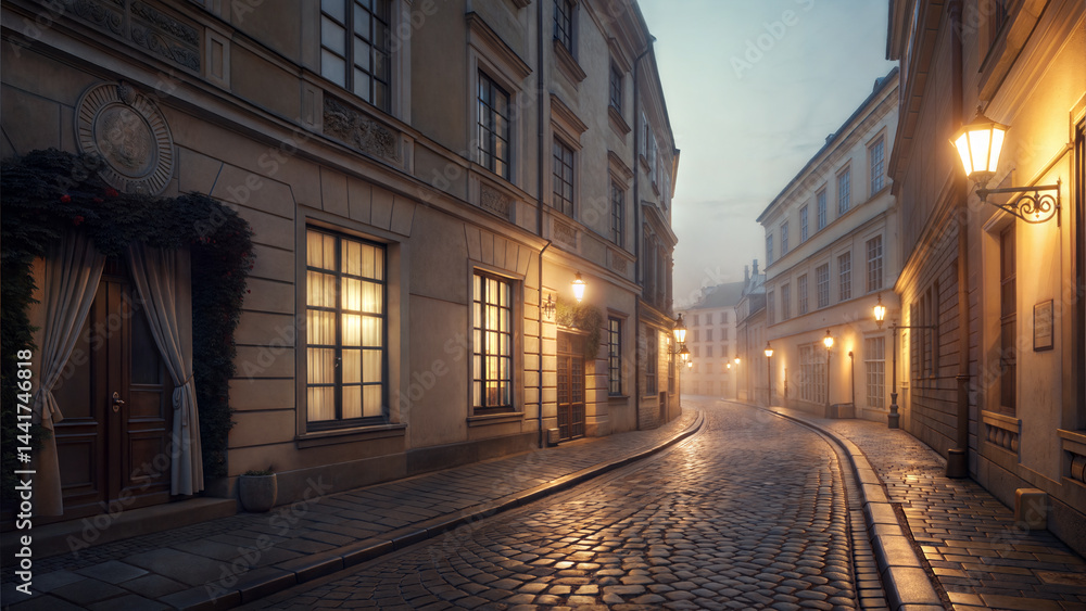 Obraz premium Eerily beautiful and romantic street scene with fog and glowing streetlights at dusk