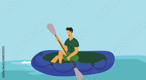 illustration of a sportsman in a raft on a river, holding a paddle, symbolizing adventure, water sports, and outdoor exploration in a dynamic and action-packed scene