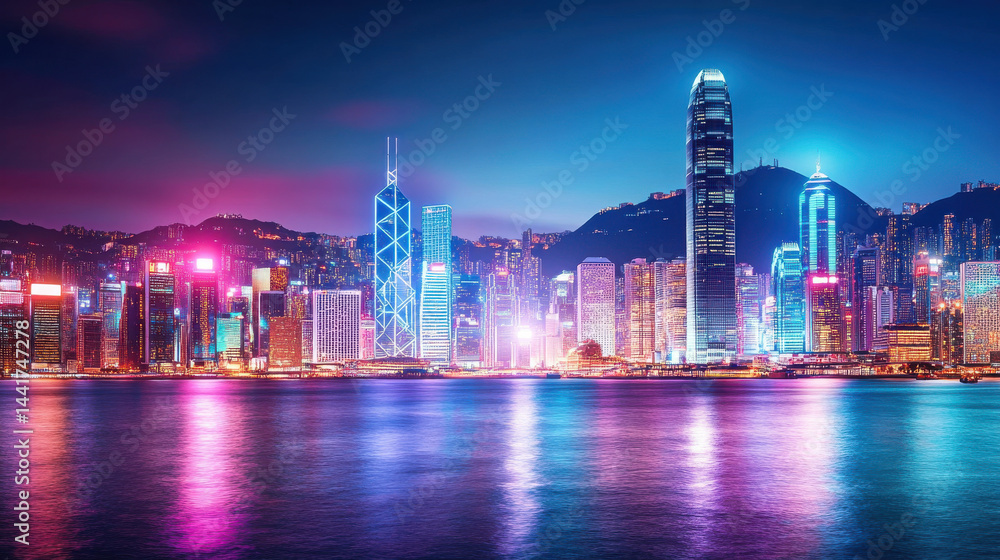 Fototapeta premium A vibrant, futuristic metropolis pulsates with neon lights, reflecting in the shimmering waters of a vast ocean, its towering skyscrapers piercing the night sky. A bustling city street unfolds