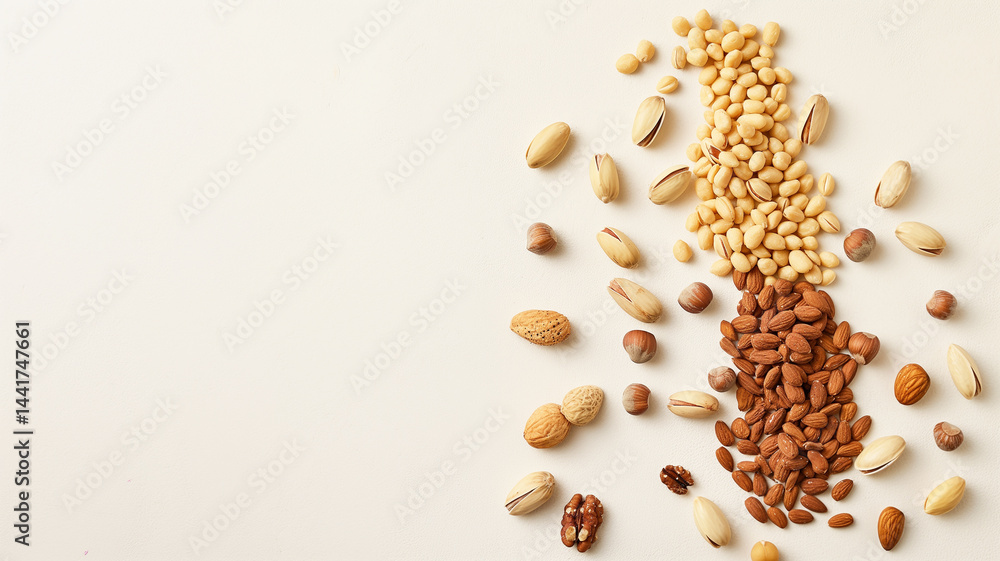 Nutty Spread: Mixed almonds, cashews, and walnuts neatly arrayed on a soft pale plane