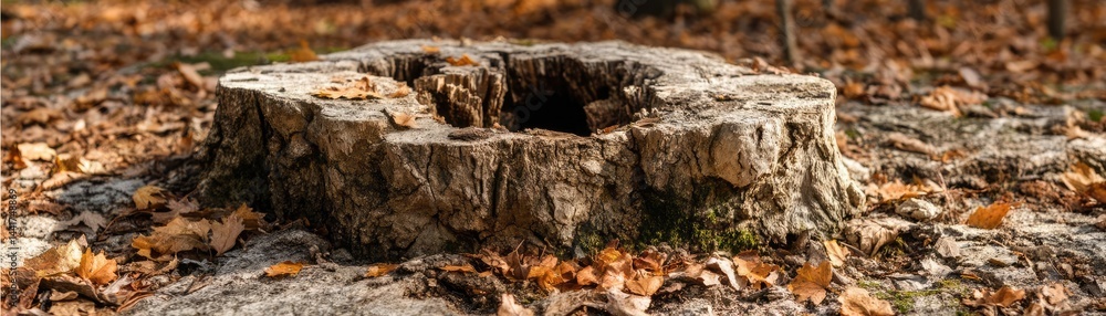 Tree stump revealing habitat destruction and environmental loss concept. A wooden stump surrounded by colorful autumn leaves. Tree stump revealing habitat destruction and environmental loss concept. A wooden stump surrounded by colorful autumn leaves.