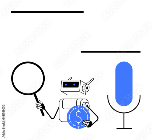Robot examining with magnifying glass, holding coin near microphone. Ideal for AI, finance, search, voice technology, automation, digital transformation innovation. Flat simple metaphor