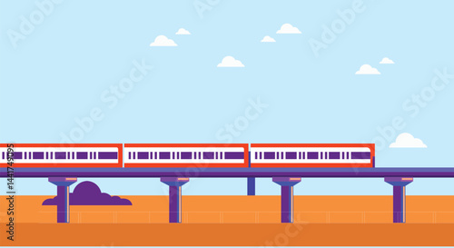 design illustration of a high-speed train crossing a bridge, symbolizing advanced transportation, speed, and modern travel in a dynamic, clean, and streamlined design