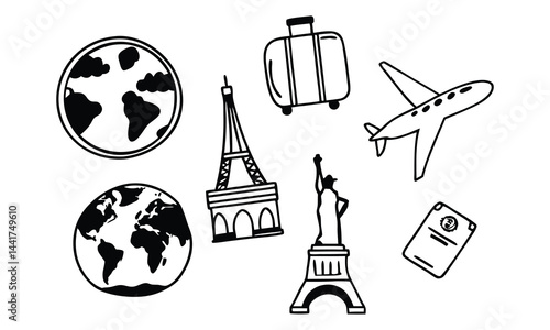 Travel themed elements in black and white.