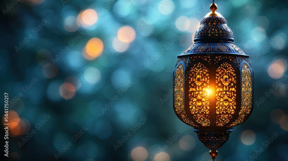 Ornate hanging lantern, warm glow Ornate hanging lantern, warm glow