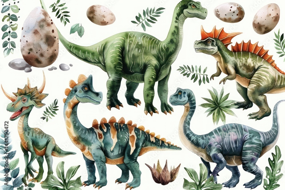 Fototapeta premium Colorful cartoon dinosaurs surrounded by plants and large dinosaur eggs with a friendly and playful atmosphere