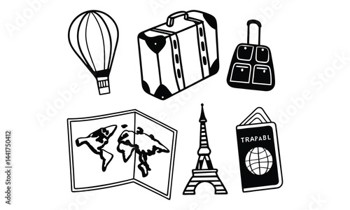 Travel themed elements in black and white.