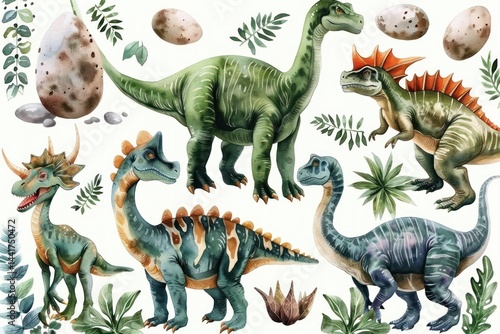 Fototapeta Naklejka Na Ścianę i Meble -  Colorful cartoon dinosaurs surrounded by plants and large dinosaur eggs with a friendly and playful atmosphere