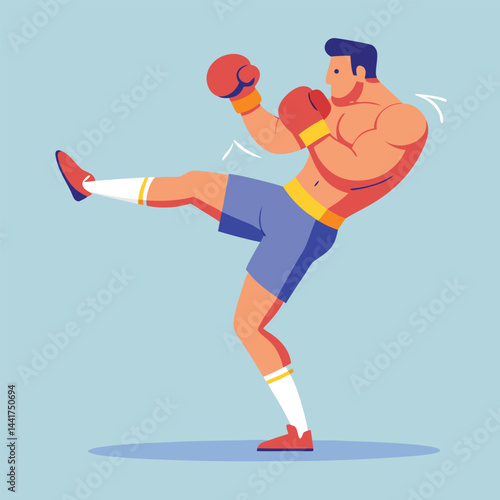 man boxing. male fighter in boxing gloves practices kick, punching and hitting. Strong  athlete at sports training or workout. Flat vector illustration isolated on background