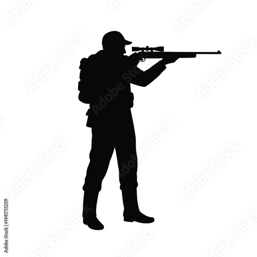 Silhouette of a hunter aiming a rifle with scope isolated on white