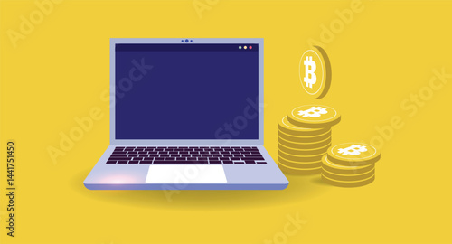 Flat-style illustration showing a laptop screen with charts and digital cryptocurrency coins like Bitcoin and Ethereum, symbolizing online trading, blockchain, and digital finance.
