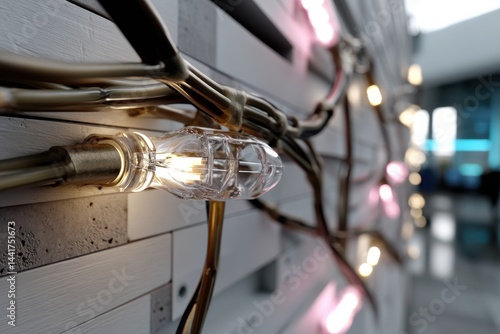 Filament bulbs are strategically placed against raw concrete walls, creating a striking juxtaposition of light and material, designed to evoke warmth and modern aesthetics. photo