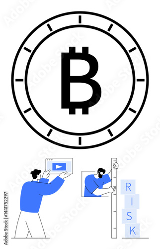 Bitcoin logo inside a clock, man holding a video screen, and another stacking risk blocks. Ideal for finance, blockchain, investment, teamwork, digital currency, strategy simple landing page