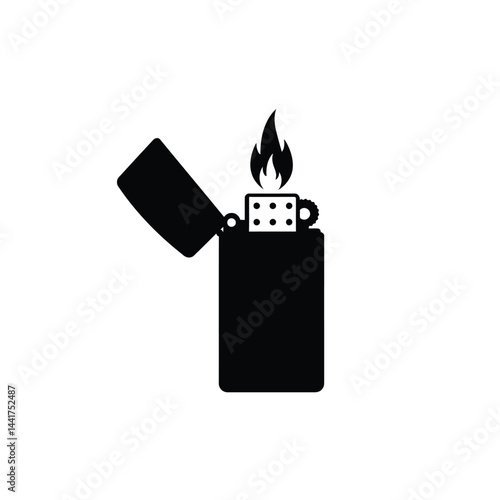 Black silhouette of an open lighter with a flame isolated on white background