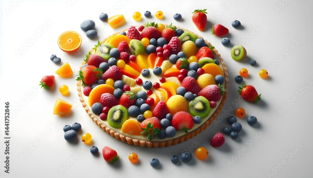 Fresh fruit pie with a colorful fruit arrangement over creamy custard, isolated on a clean white background, captured in high resolution for professional dessert marketing. Fresh fruit pie with a colorful fruit arrangement over creamy custard, isolated on a clean white background, captured in high resolution for professional dessert marketing.