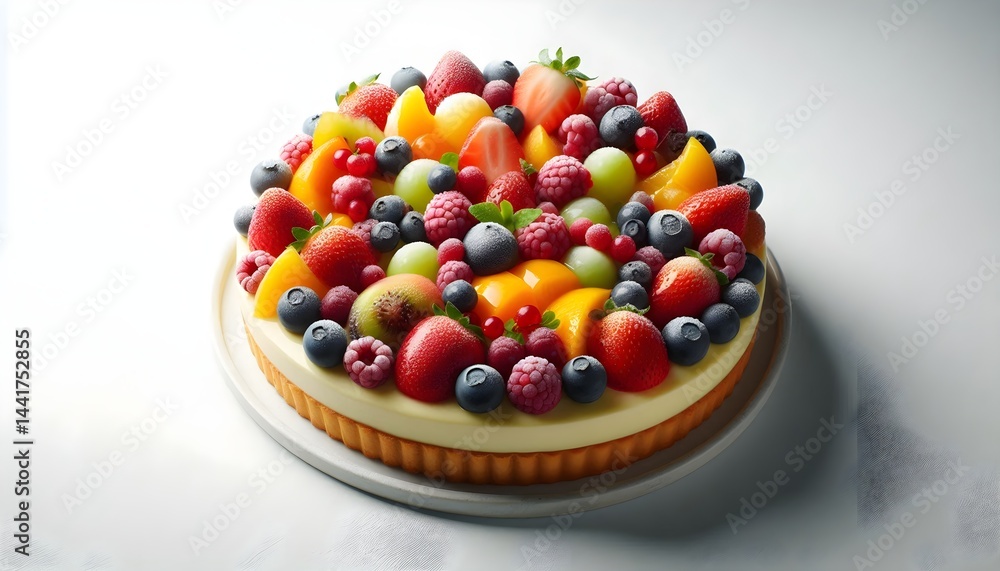 High-resolution photo of a fresh fruit pie with a colorful arrangement of fruits over creamy custard, isolated on a clean white background, showcasing professional dessert marketing. High-resolution photo of a fresh fruit pie with a colorful arrangement of fruits over creamy custard, isolated on a clean white background, showcasing professional dessert marketing.