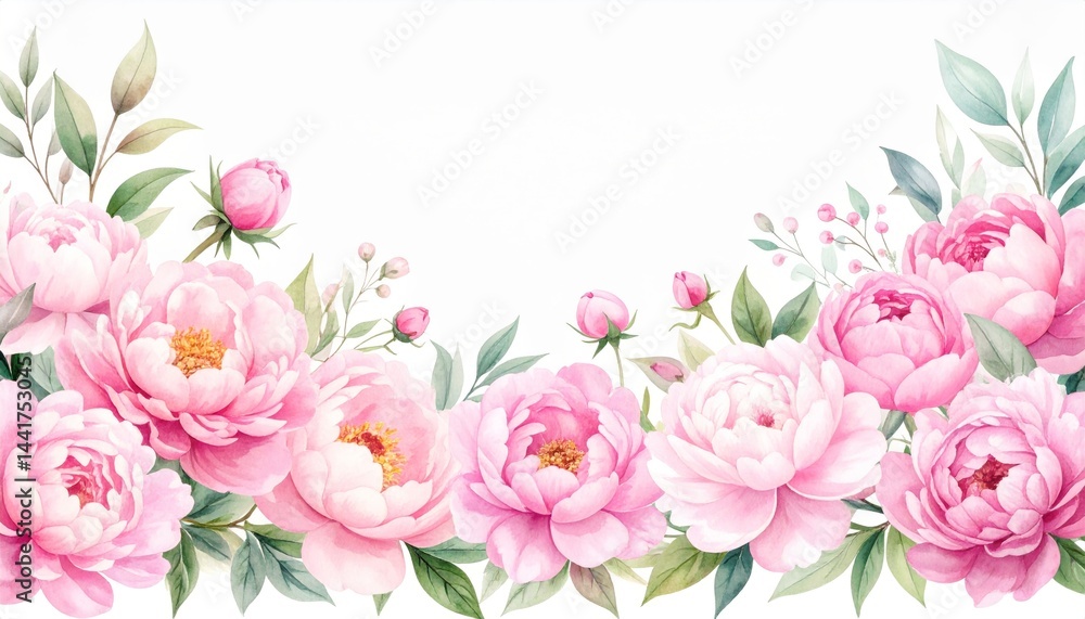 Fototapeta premium Watercolor Pink Peonies Floral Border Elegant Wedding Invitation Design
