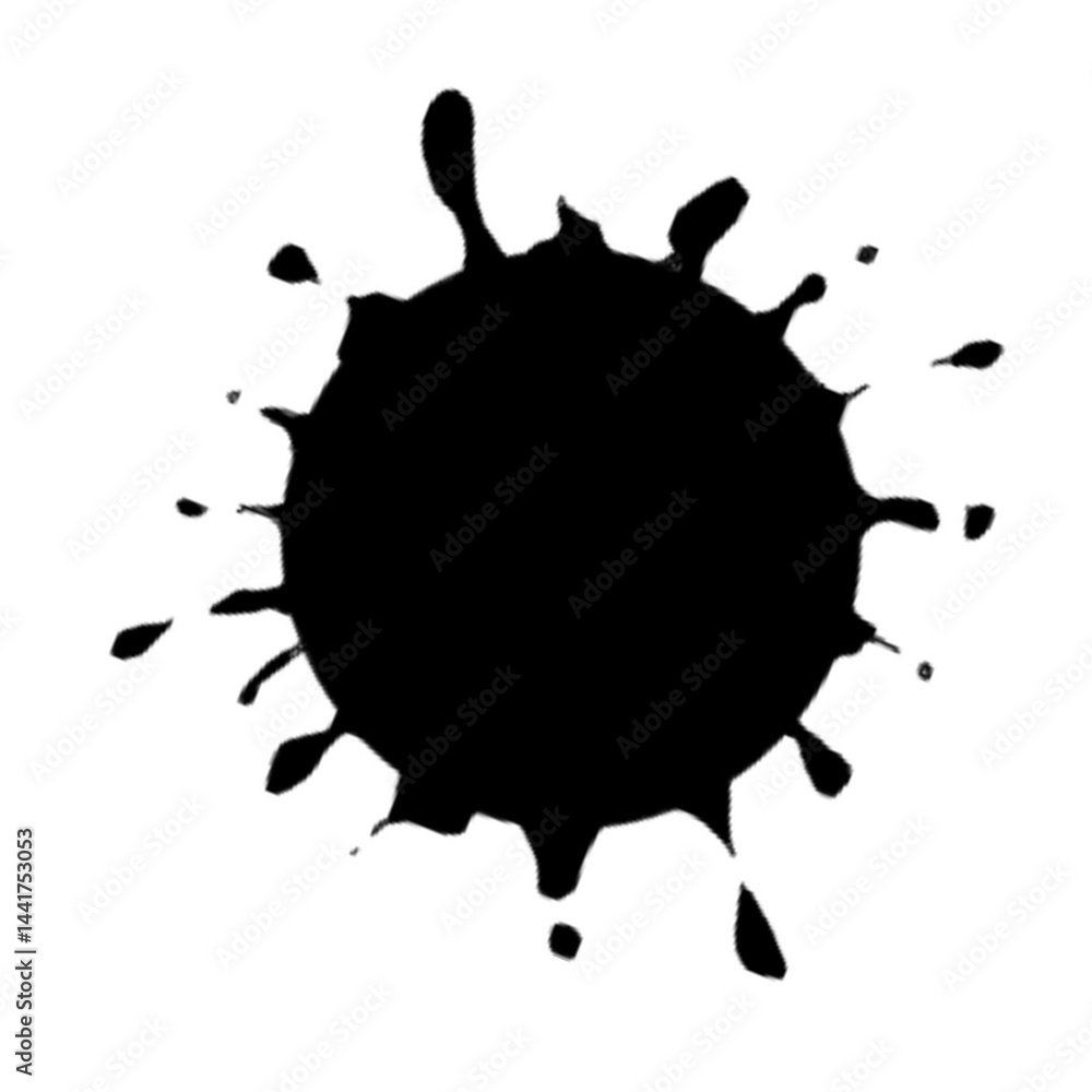 Illustration of an irregular round black ink splatter on a white background, suitable for graphic design elements, grunge effects, or artistic backgrounds Illustration of an irregular round black ink splatter on a white background, suitable for graphic design elements, grunge effects, or artistic backgrounds