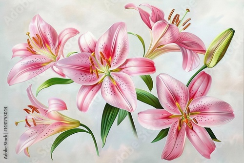 Beautiful cluster of blooming pink lilies with green leaves and unopened buds against a light soft background, evoking elegance and natural freshness
