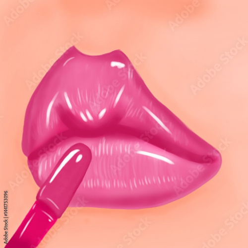 Digital illustration of pink lips with lip gloss being applied, representing beauty, cosmetics, and self-care themes