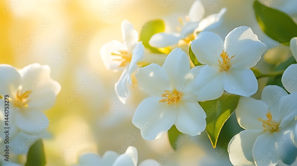 Obraz premium Blooming White Flowers Closeup With Sunlight, Floral Beauty, Soft Light, Garden, Spring