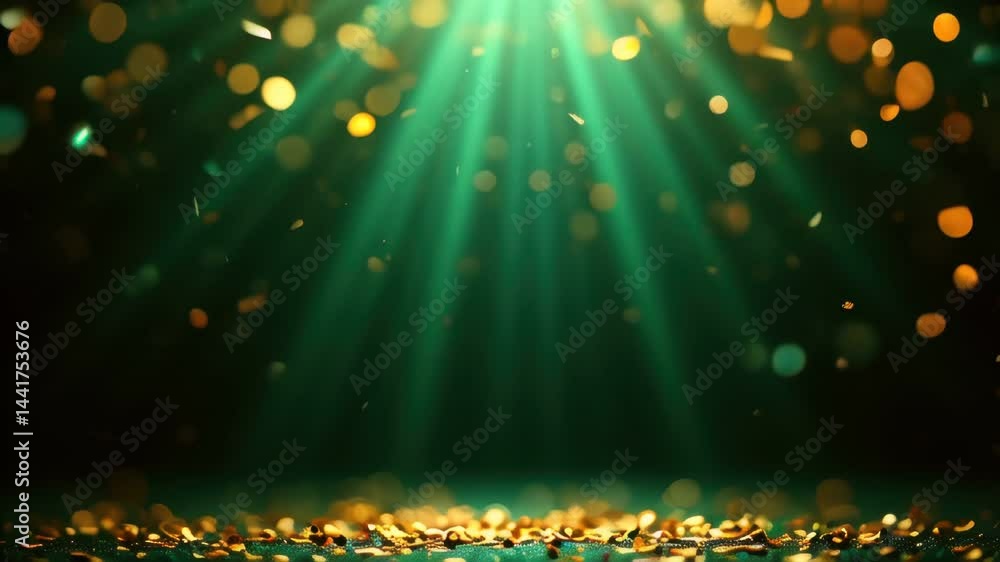 A close up of a green background with a lot of gold confetti