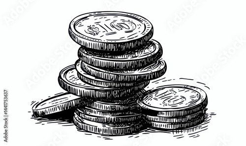 Vintage Engraving Style Coin Stack Illustration for Financial and Business Concepts
