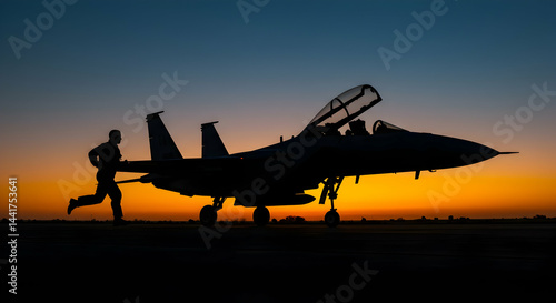 Silhouetted pilot running towards F15 Eagle fighter jet during sunset golden hour military aviation scene