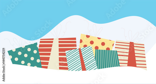 illustration of multiple carefully wrapped presents viewed from the top, featuring ribbons, bows, and patterned paper, creating a festive and organized gift-giving