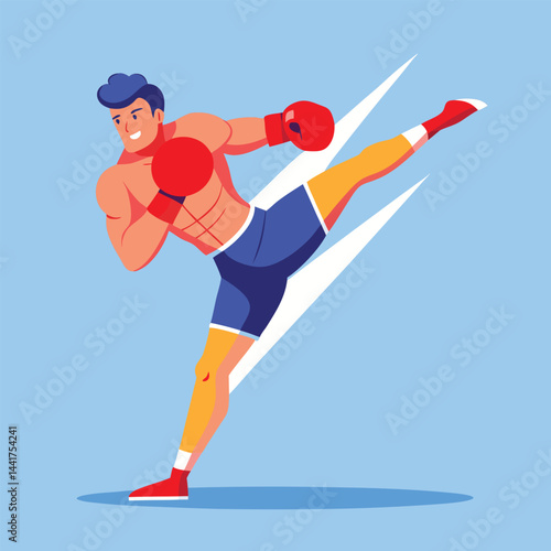 man boxing. male fighter in boxing gloves practices kick, punching and hitting. Strong  athlete at sports training or workout. Flat vector illustration isolated on background