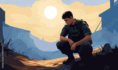 Soldier Reflecting on War-Torn Path: Emotional Struggle in Minimalist Vector Art