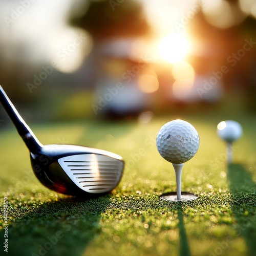 Golf Club About to Hit a Golf Ball on a Tee at Sunset for Sport and Recreation