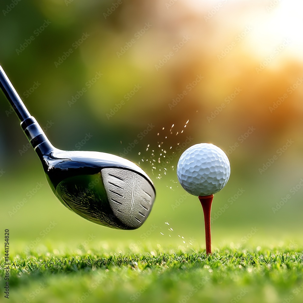 Golf Club About to Strike Golf Ball on Tee in Lush Green Field with Bright Sunlight